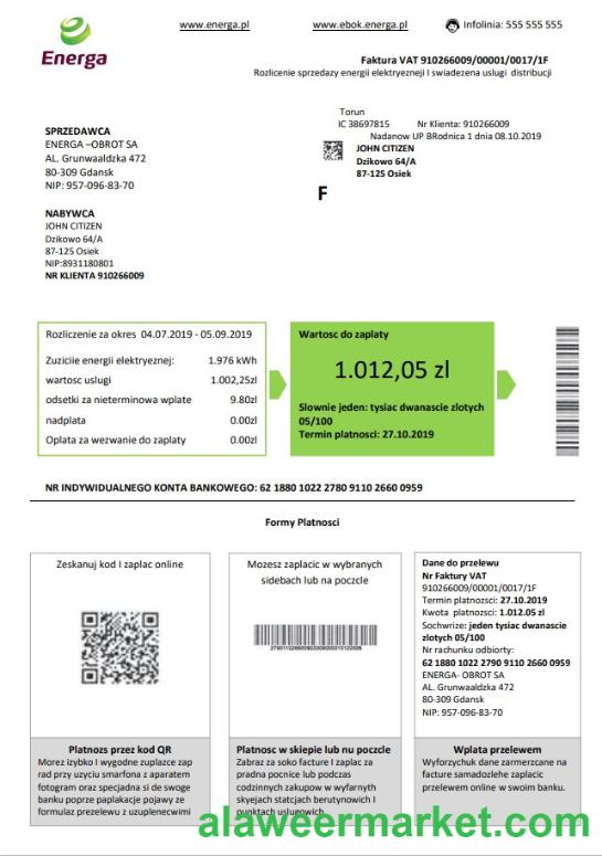 Poland Energa utility bill template in Word and PDF format